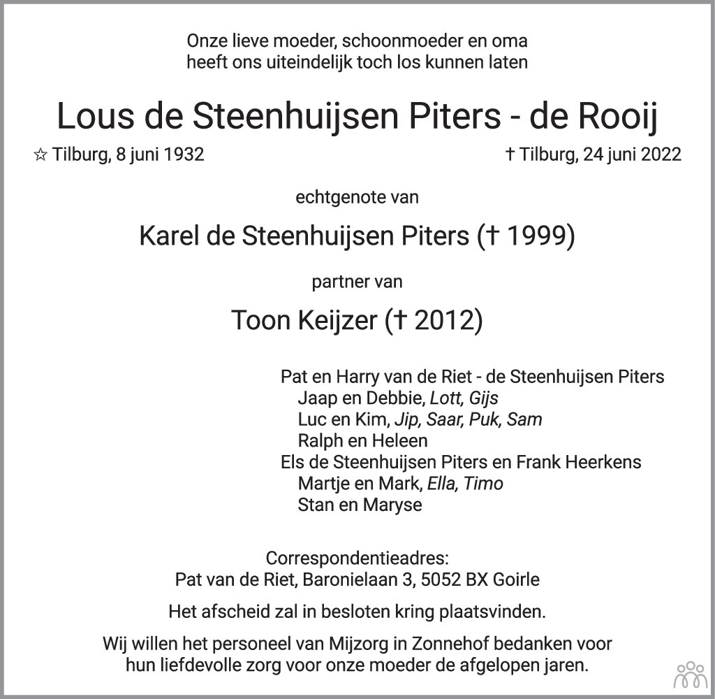 Overlijdensbericht van Lous de Steenhuijsen Piters-de Rooij in Brabants Dagblad
