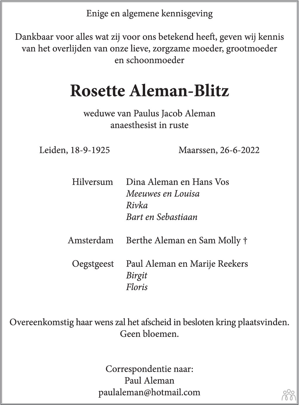 Overlijdensbericht van Rosette Aleman-Blitz in Eindhovens Dagblad