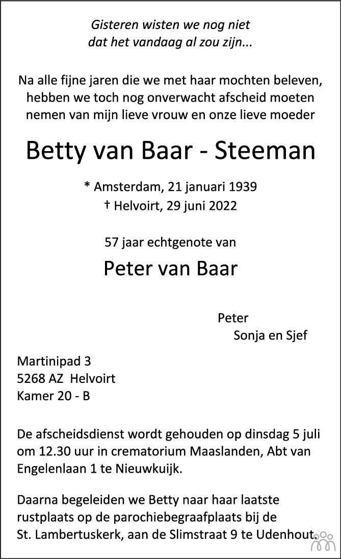 Overlijdensbericht van Betty van Baar-Steeman in Brabants Dagblad