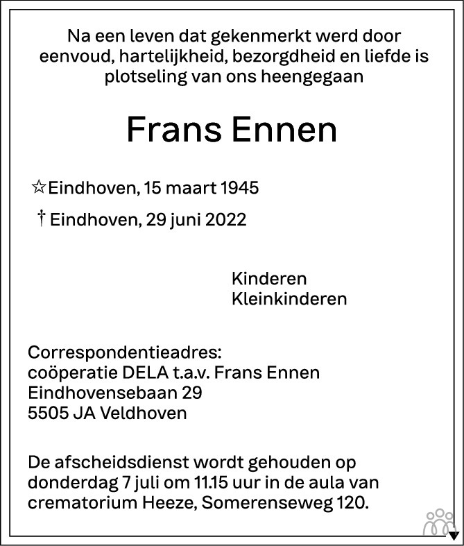Overlijdensbericht van Frans Ennen in Eindhovens Dagblad