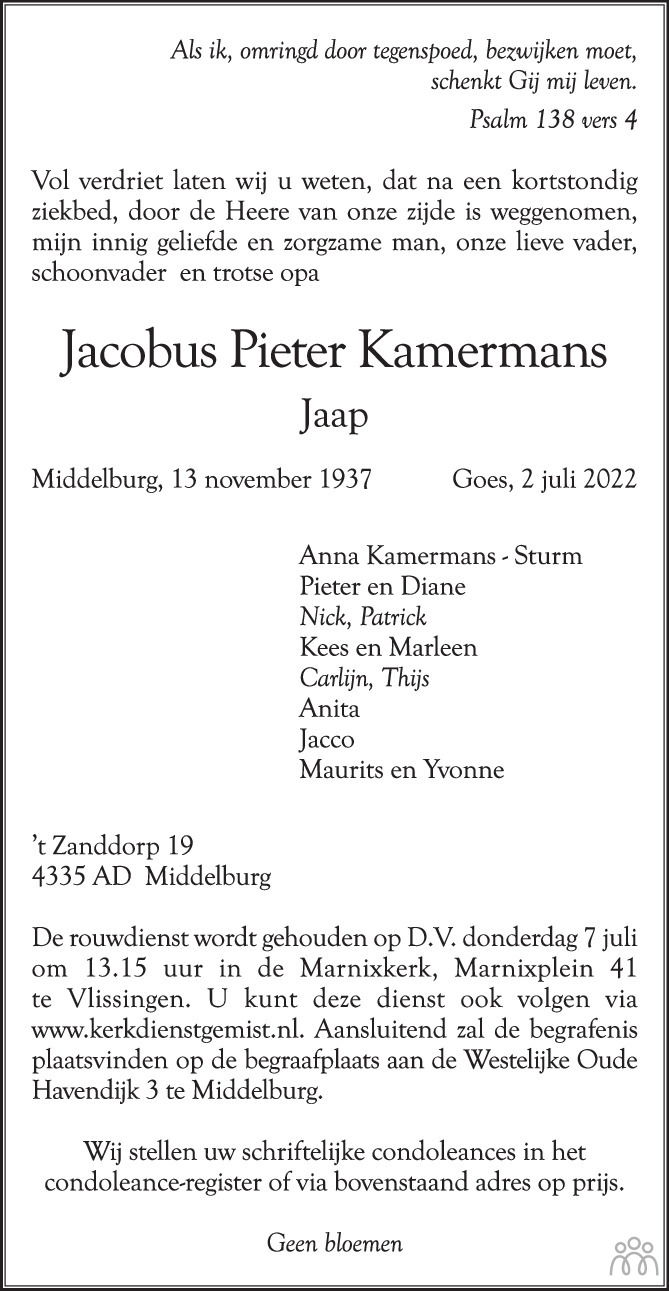 Overlijdensbericht van Jacobus Pieter (Jaap) Kamermans in PZC Provinciale Zeeuwse Courant