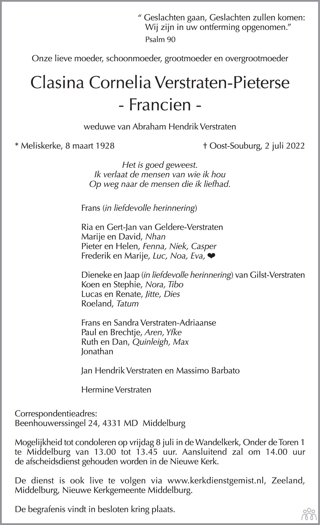 Overlijdensbericht van Clasina Cornelia (Francien) Verstraten-Pieterse in PZC Provinciale Zeeuwse Courant
