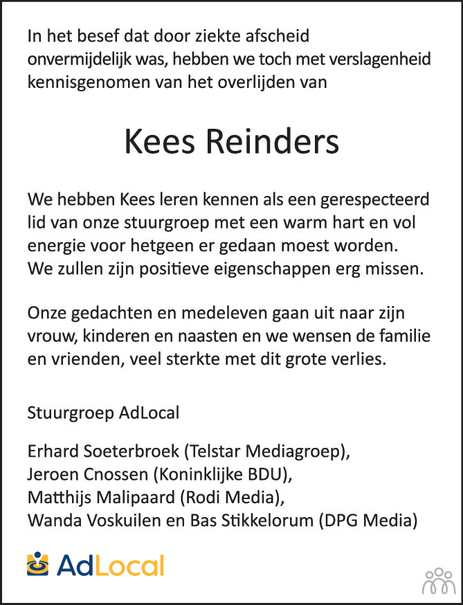 Overlijdensbericht van Kees Hubertus Reinders in AD Algemeen Dagblad