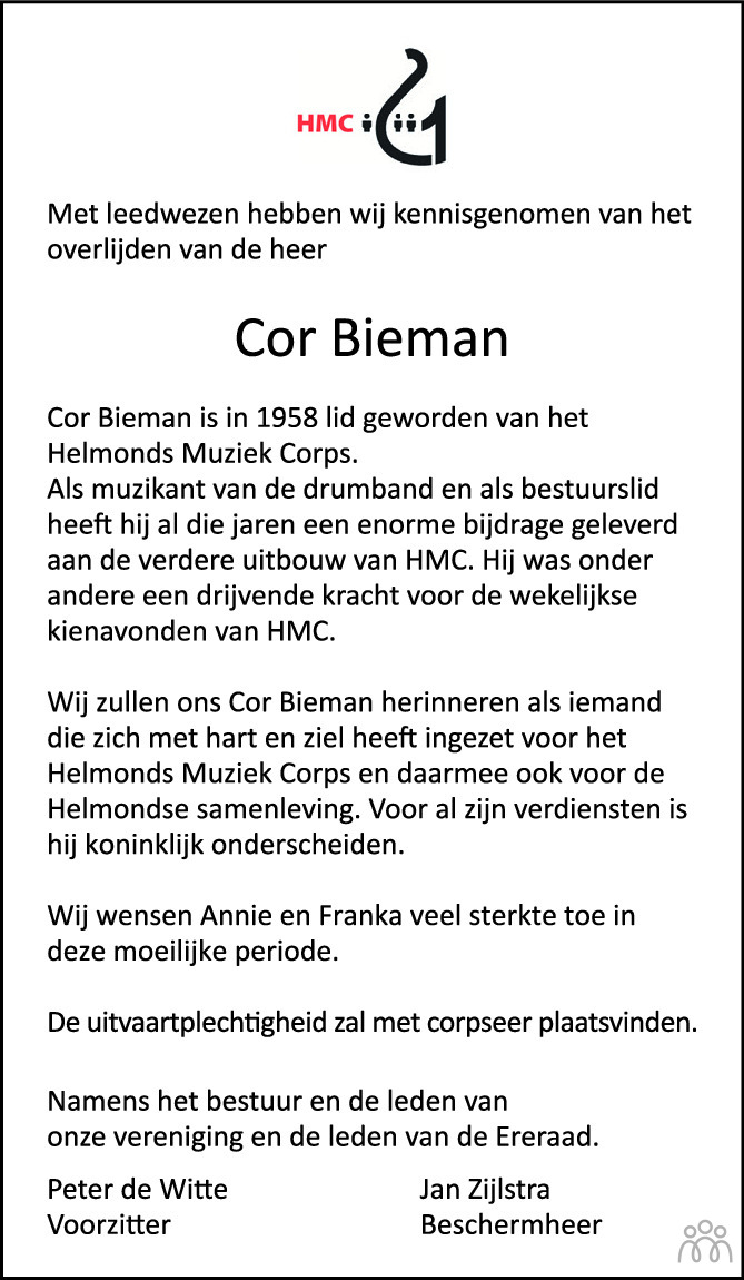 Overlijdensbericht van Cor Bieman in Eindhovens Dagblad