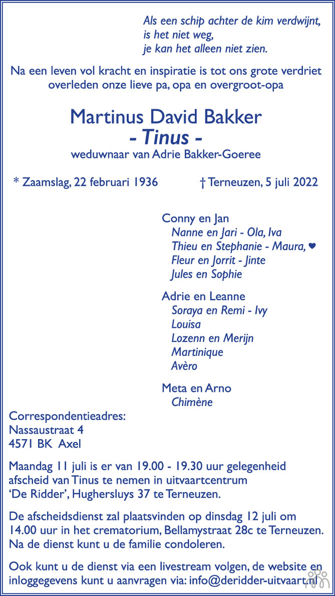 Martinus David (tinus) Bakker ✝ 05-07-2022 overlijdensbericht en  condoleances - Mensenlinq.nl