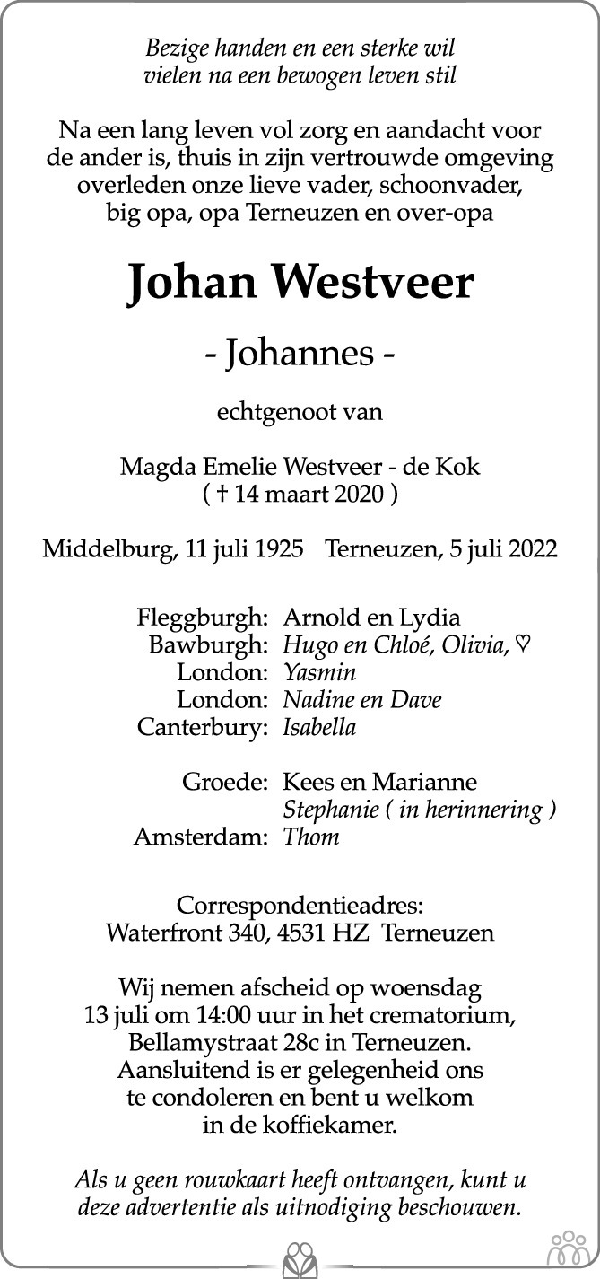 Overlijdensbericht van Johan (Johannes) Westveer in PZC Provinciale Zeeuwse Courant