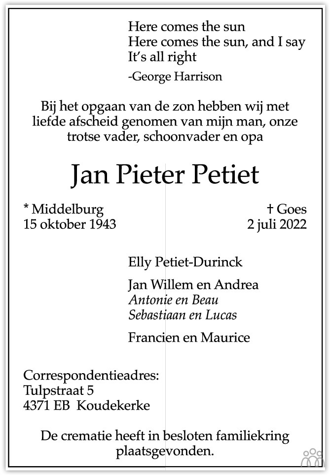 Overlijdensbericht van Jan Pieter Petiet in PZC Provinciale Zeeuwse Courant
