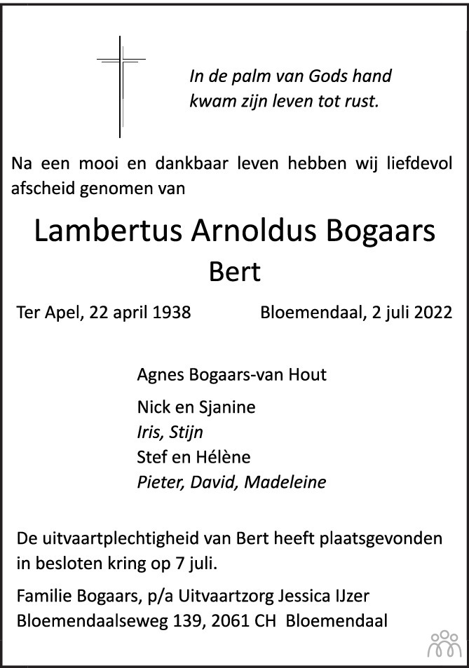 Overlijdensbericht van Lambertus Arnoldus (Bert) Bogaars in Brabants Dagblad