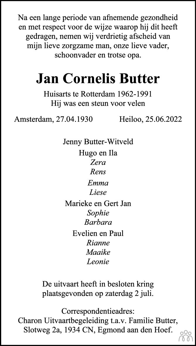 Overlijdensbericht van Jan Cornelis Butter in de Volkskrant