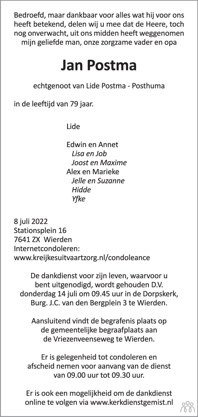 Jan Postma 08 07 2022 Overlijdensbericht En Condoleances Mensenlinq nl