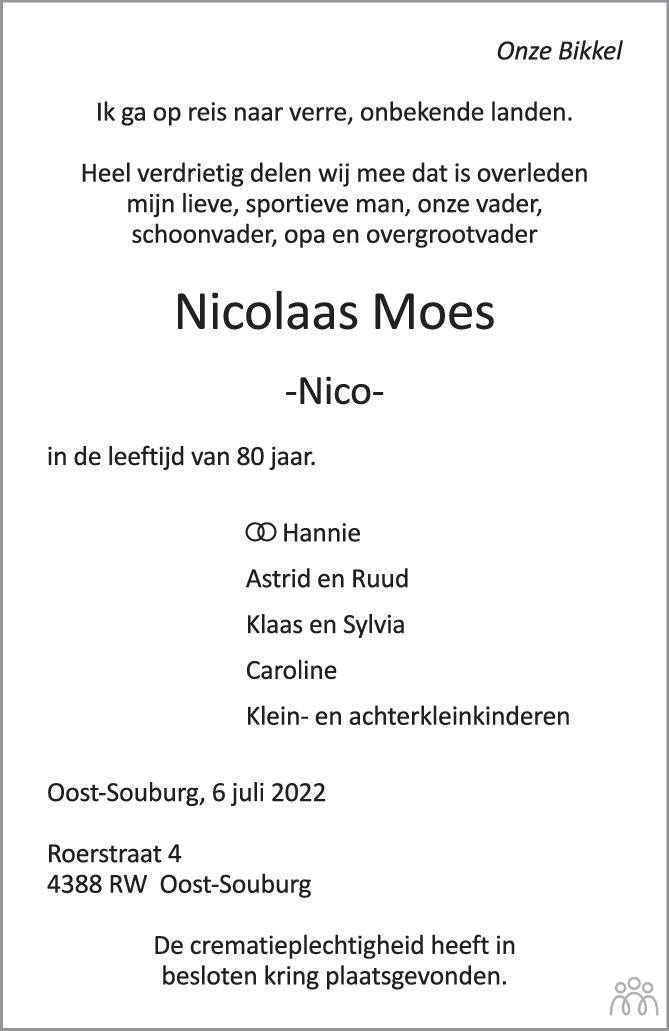Overlijdensbericht van Nicolaas (Nico) Moes in PZC Provinciale Zeeuwse Courant