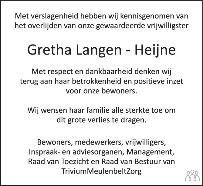 Overlijdensbericht van Gretha Langen-Heijne in Tubantia
