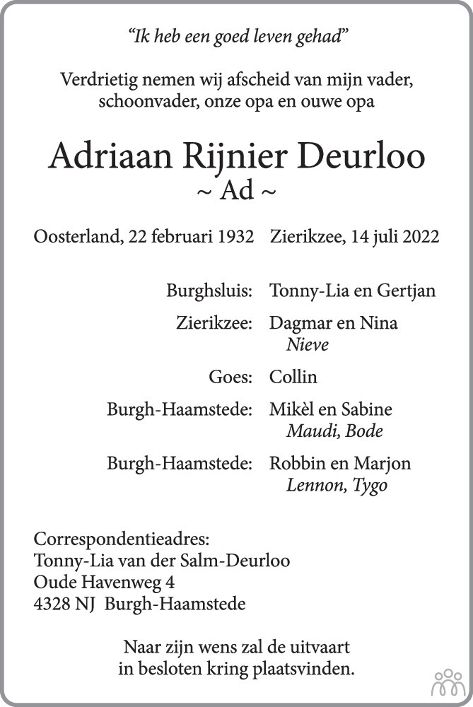 Overlijdensbericht van Adriaan Rijnier (Ad) Deurloo in PZC Provinciale Zeeuwse Courant