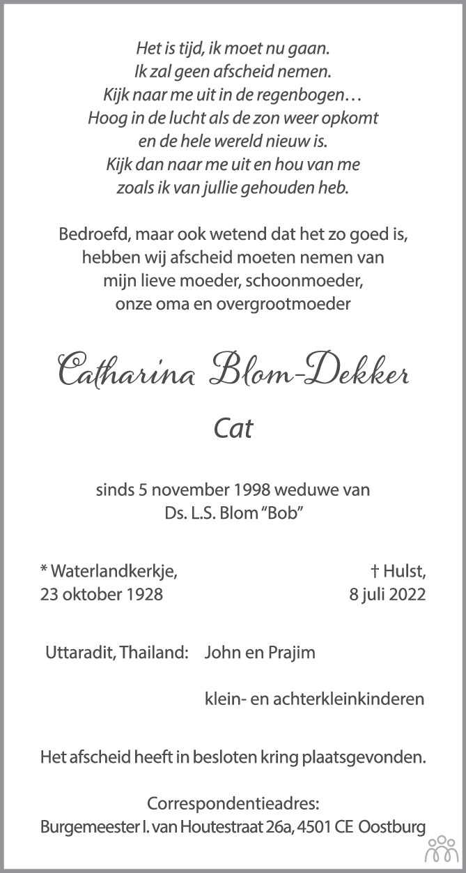 Overlijdensbericht van Catharina (Cat) Blom-Dekker in PZC Provinciale Zeeuwse Courant