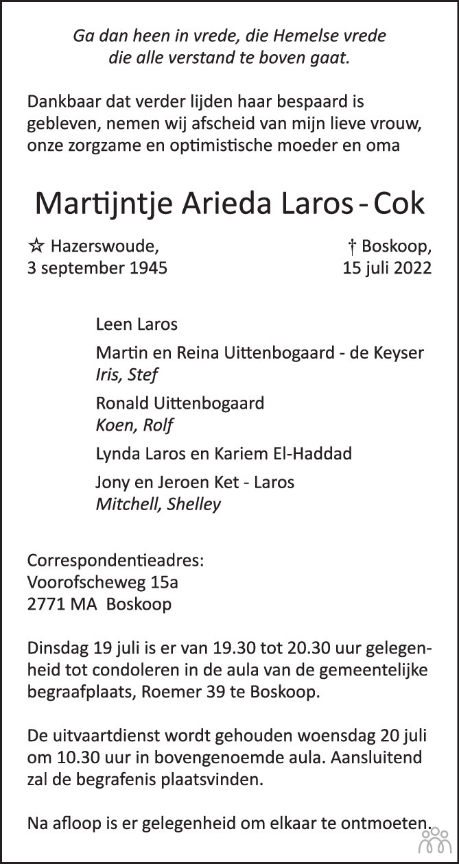 Overlijdensbericht van Martijntje Arieda Laros-Cok in AD Algemeen Dagblad