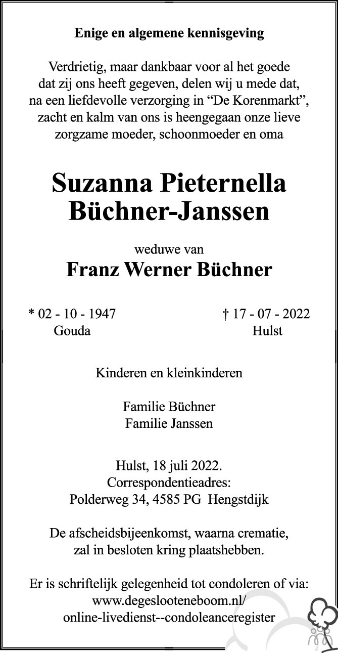 Overlijdensbericht van Suzanna Pieternella Büchner-Janssen in PZC Provinciale Zeeuwse Courant