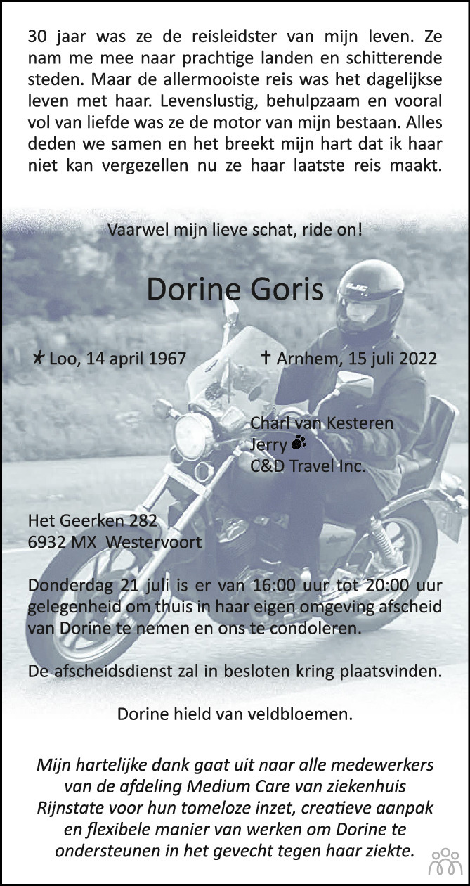 Overlijdensbericht van Dorine Goris in de Gelderlander