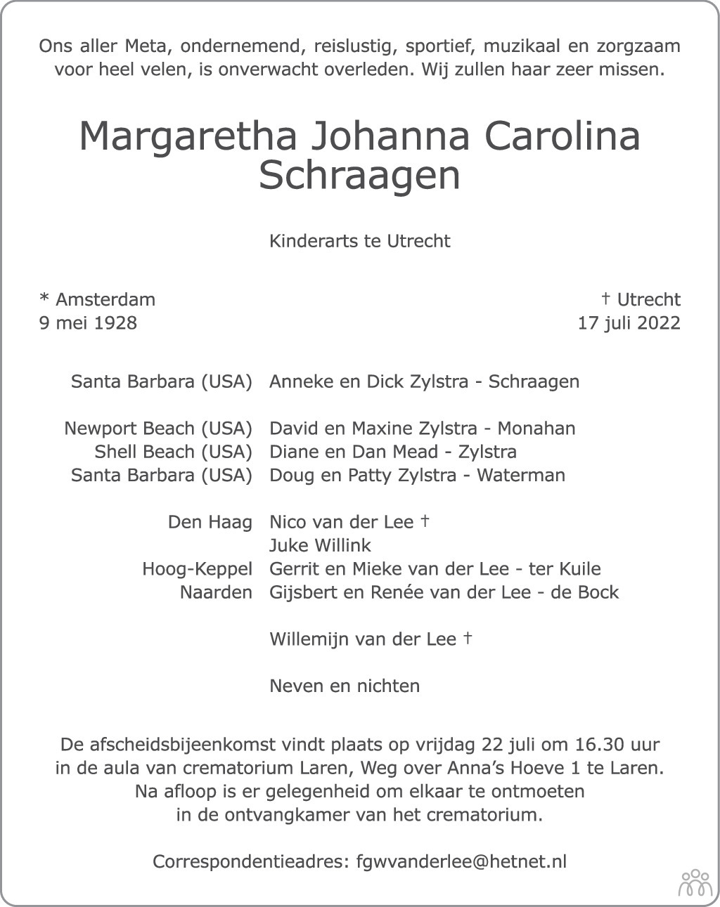 Margaretha Johanna Carolina Schraagen 17072022 overlijdensbericht en