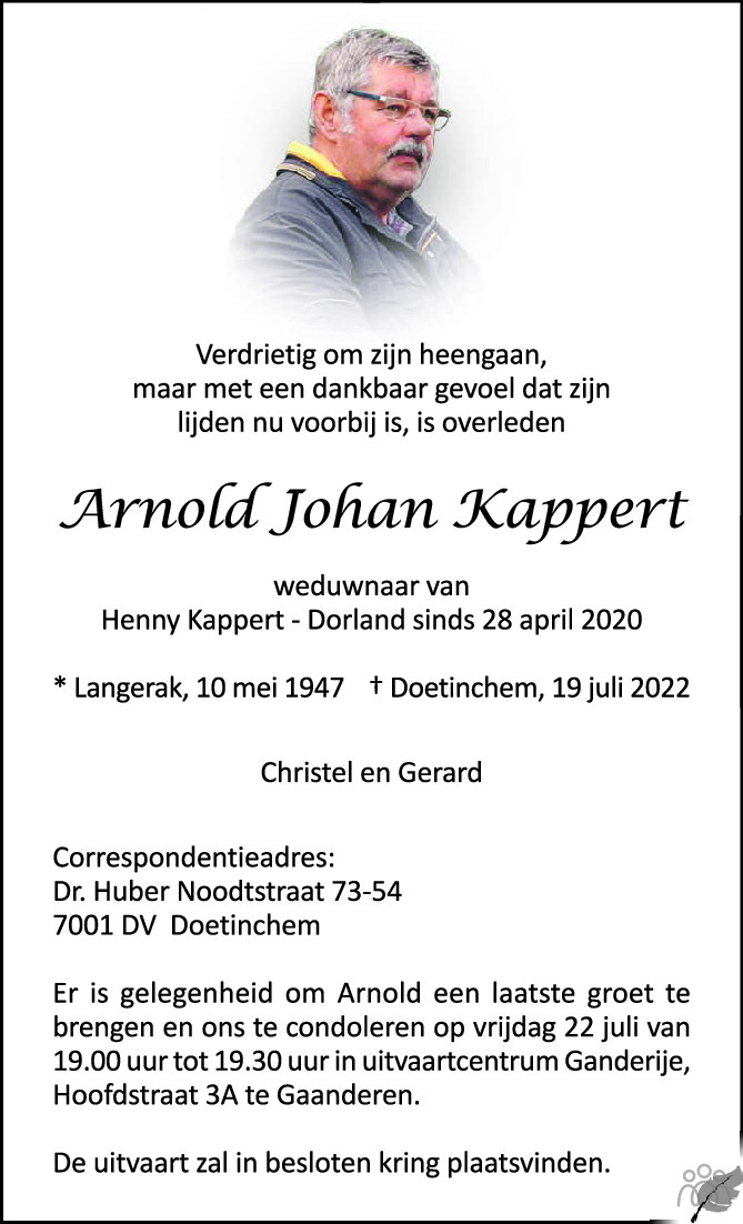 Overlijdensbericht van Arnold Johan Kappert in de Gelderlander