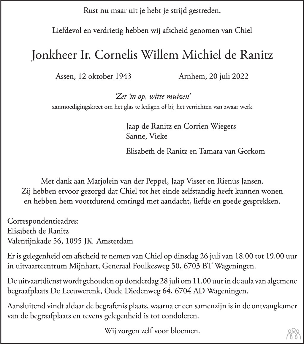 Overlijdensbericht van Jonkheer Cornelis Willem Michiel de Ranitz in de Gelderlander