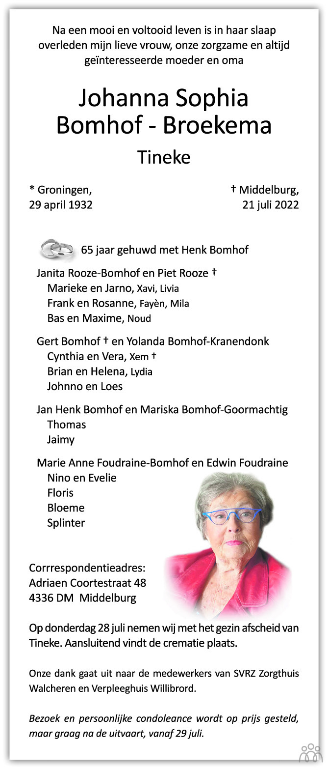 Overlijdensbericht van Johanna Sophia (Tineke) Bomhof-Broekema in PZC Provinciale Zeeuwse Courant