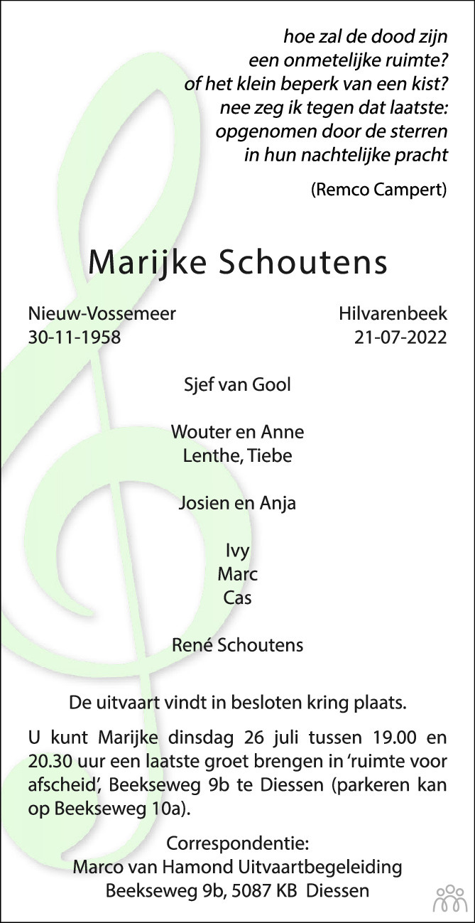 Marijke Schoutens 21 07 2022 Overlijdensbericht En Condoleances 