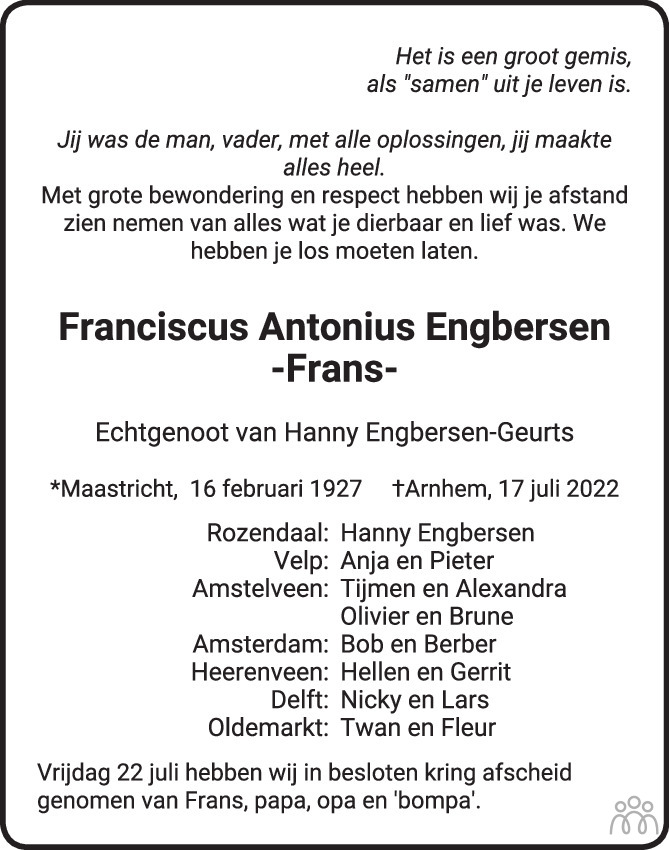 Overlijdensbericht van Franciscus Antonius (Frans) Engbersen in de Gelderlander