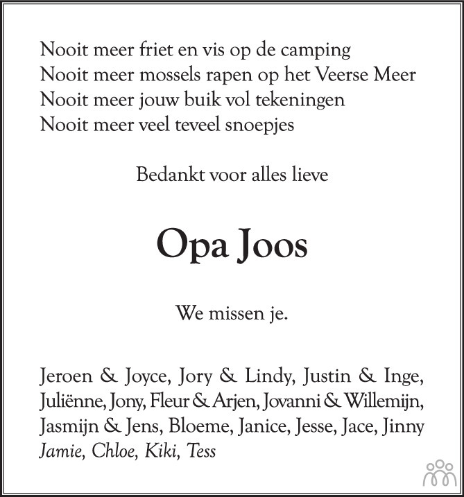 Overlijdensbericht van Joos (Joosbou) van Belzen in PZC Provinciale Zeeuwse Courant
