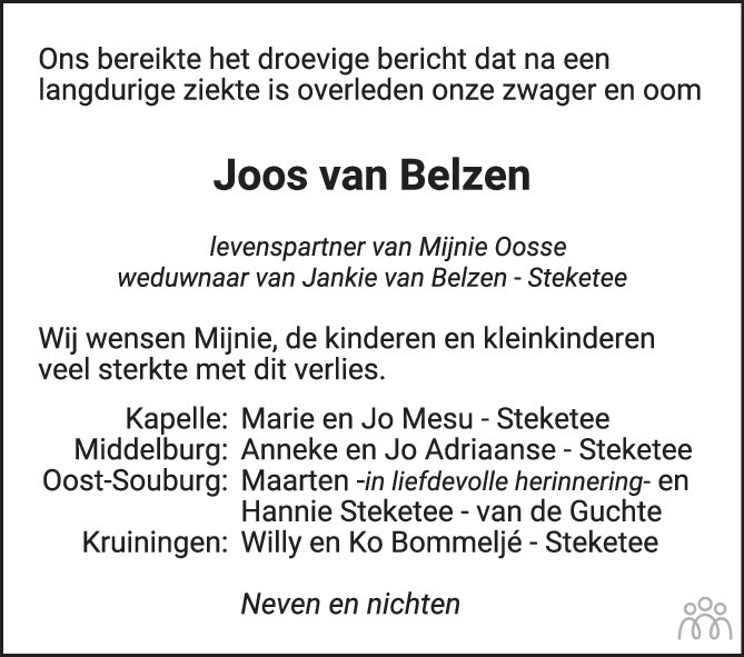 Overlijdensbericht van Joos (Joosbou) van Belzen in PZC Provinciale Zeeuwse Courant