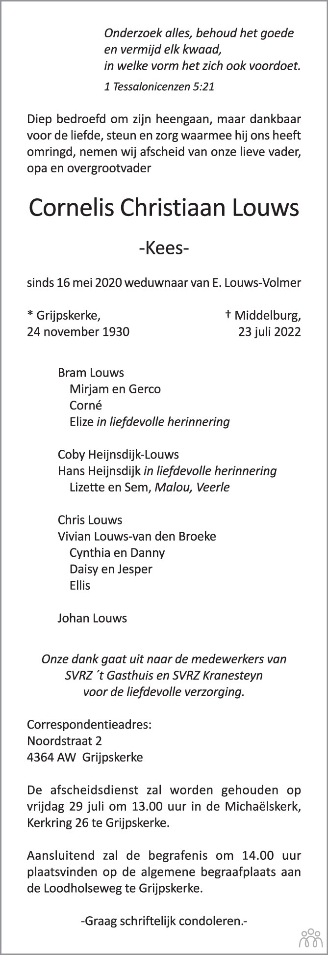 Overlijdensbericht van Cornelis Christiaan (Kees)  Louws in PZC Provinciale Zeeuwse Courant