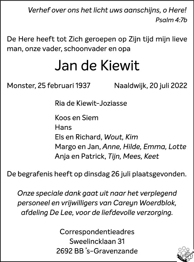 Jan de Kiewit 20-07-2022 overlijdensbericht en condoleances - Mensenlinq.nl