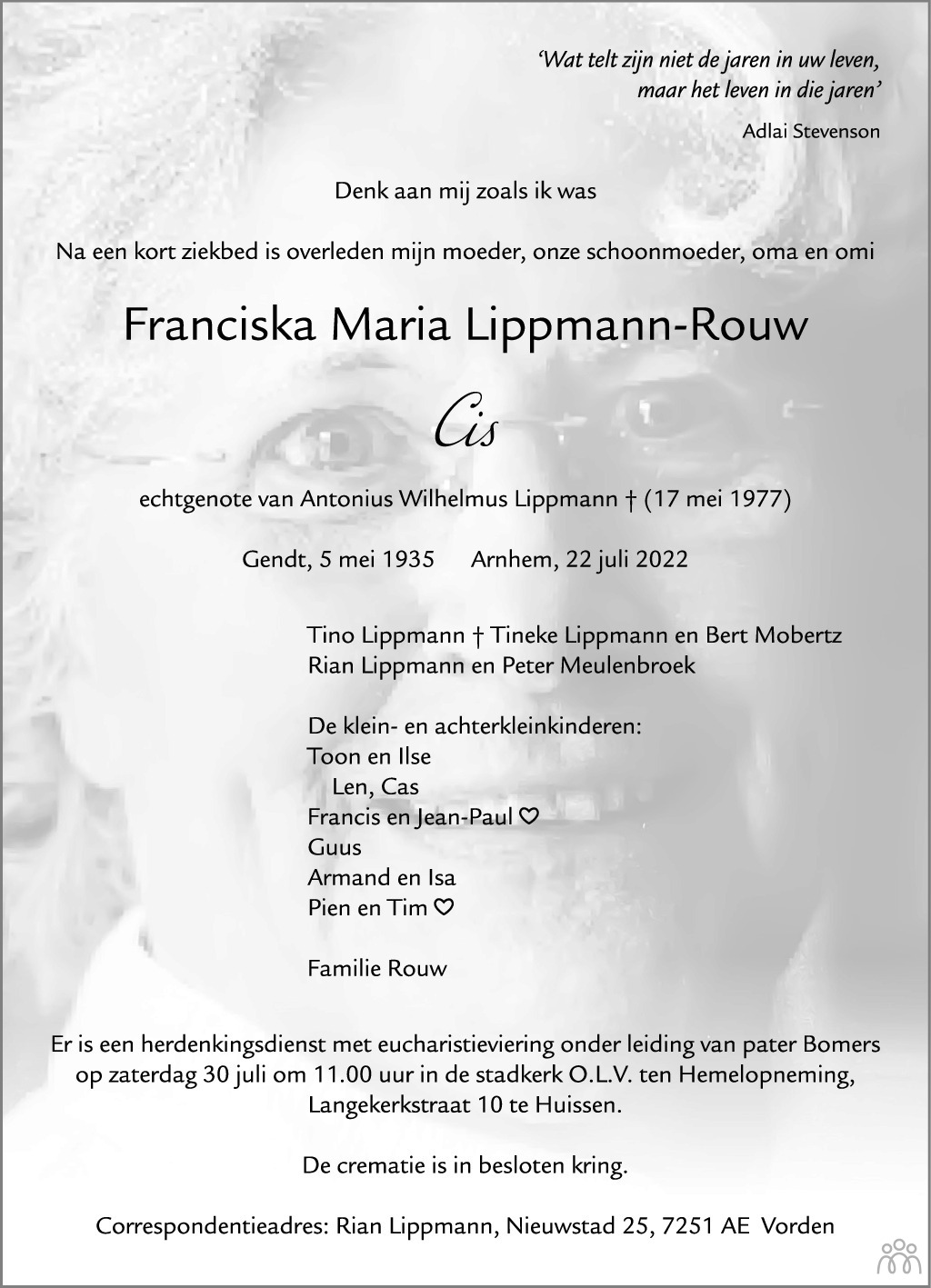 Overlijdensbericht van Franciska Maria (Cis) Lippmann-Rouw in de Gelderlander