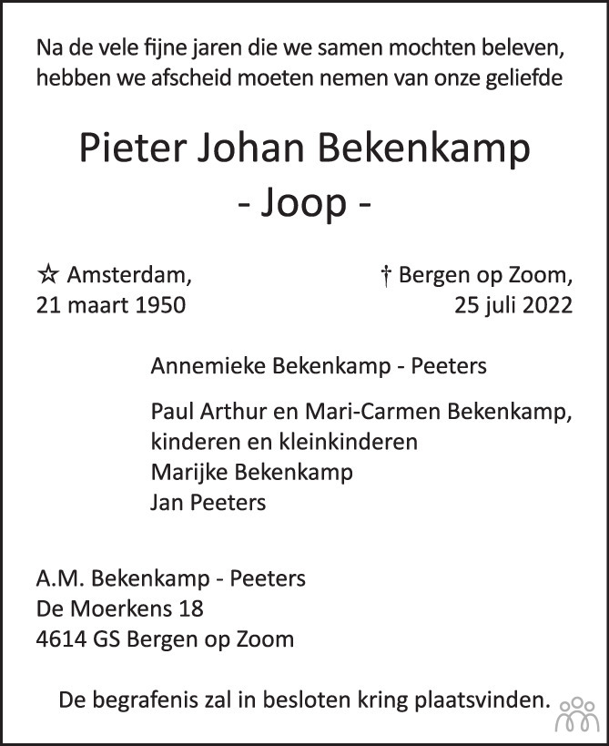 Overlijdensbericht van Pieter Johan (Joop) Bekenkamp in BN DeStem