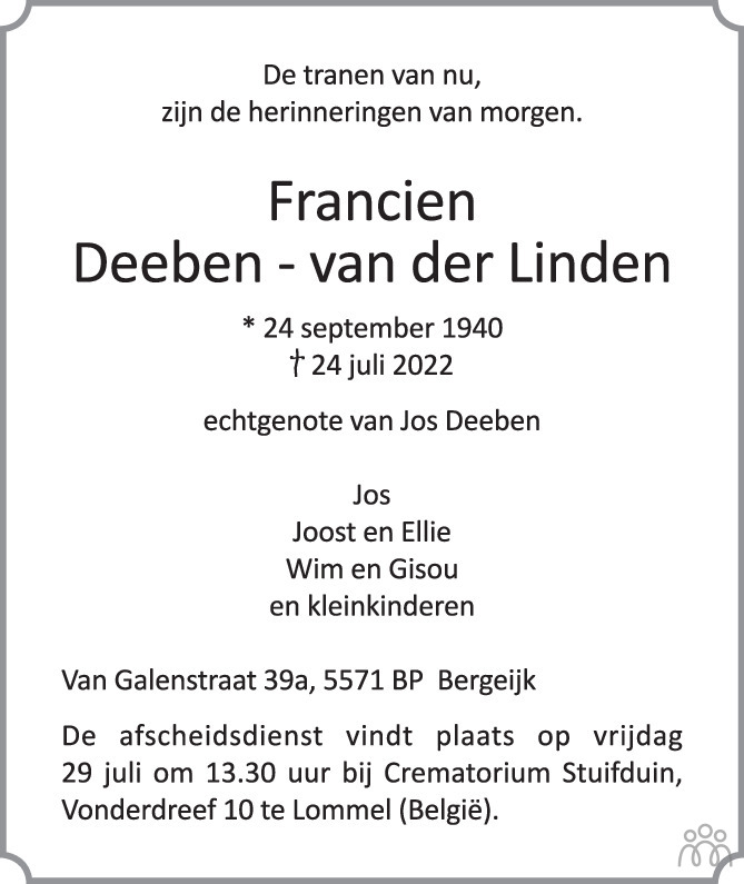 Overlijdensbericht van Francien Deeben-van der Linden in Eindhovens Dagblad