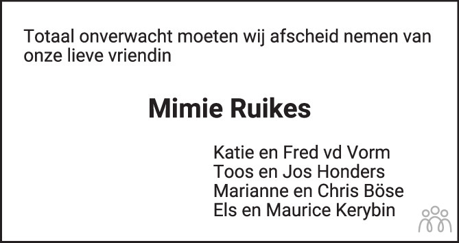 Overlijdensbericht van Mimie Ruikes-van Duin in PZC Provinciale Zeeuwse Courant