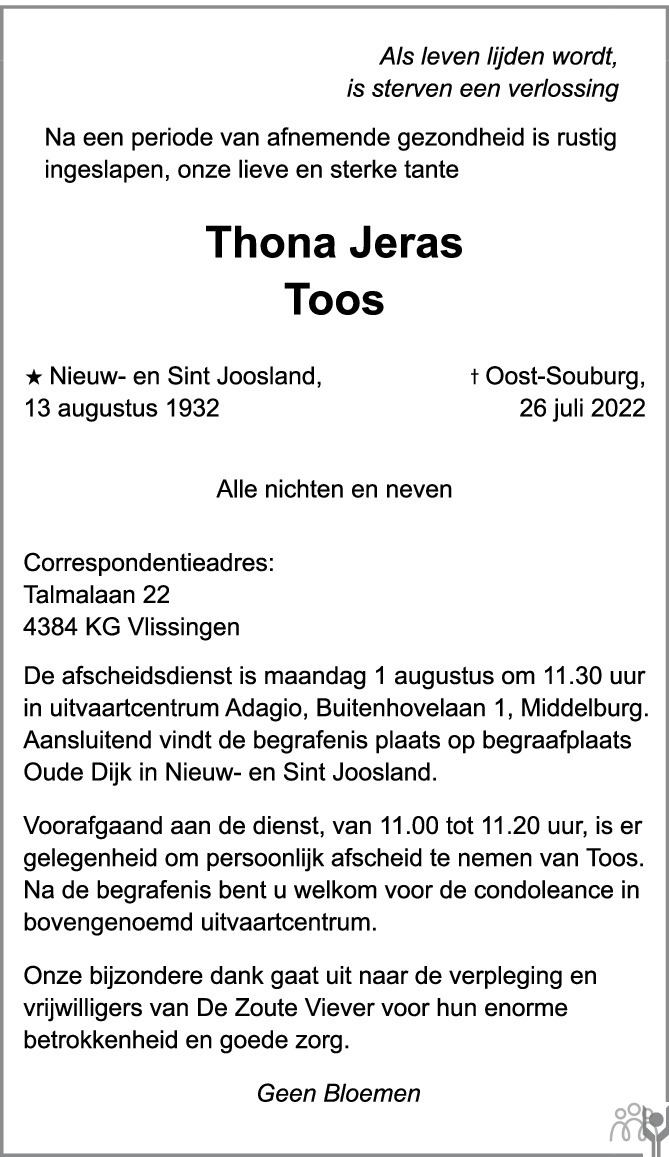 Overlijdensbericht van Thona (Toos) Jeras in PZC Provinciale Zeeuwse Courant