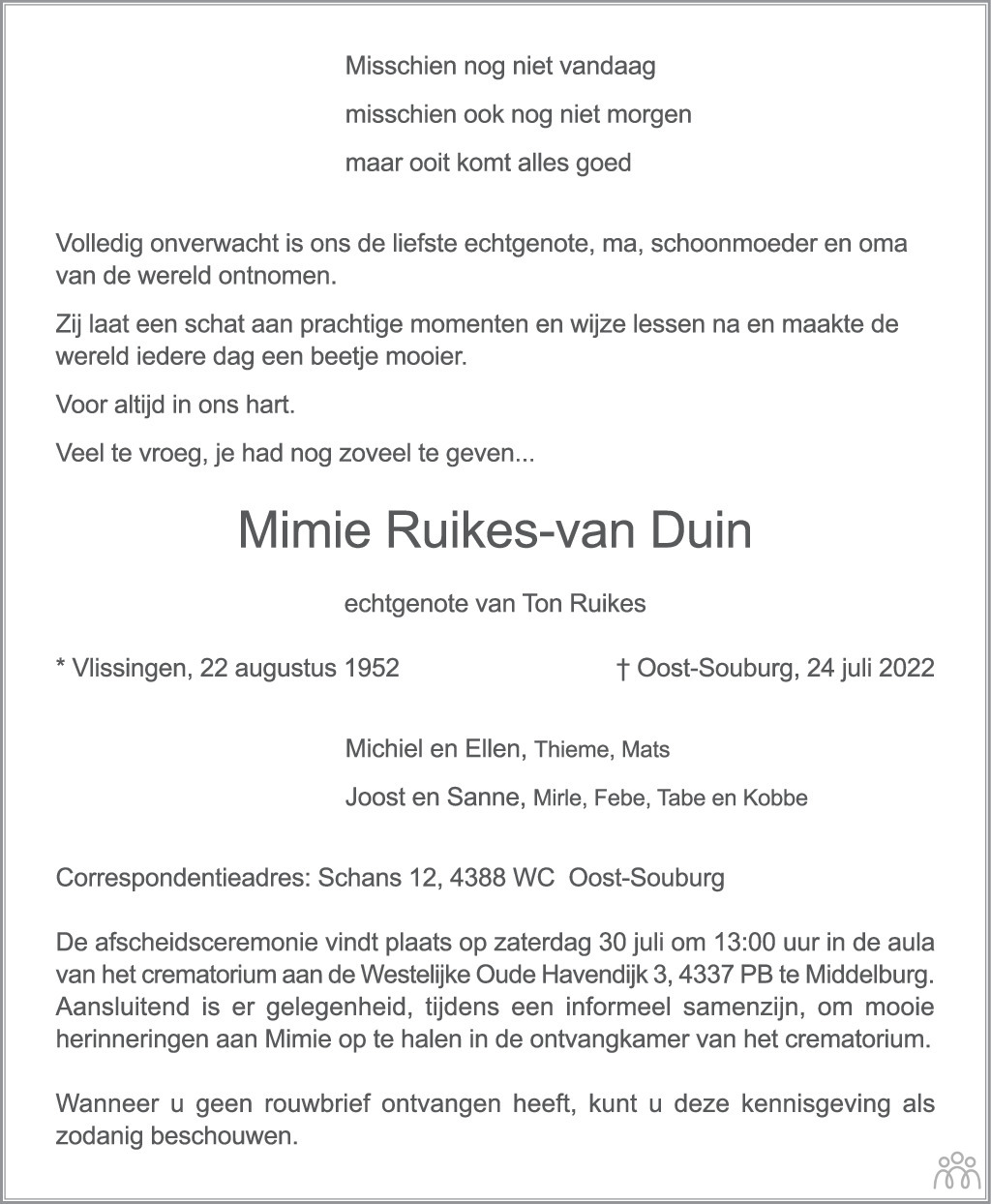 Overlijdensbericht van Mimie Ruikes-van Duin in PZC Provinciale Zeeuwse Courant