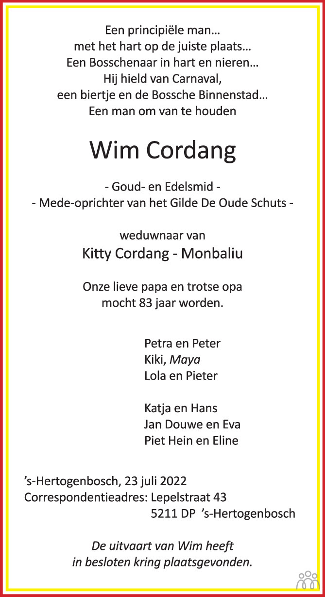 Overlijdensbericht van Wim Cordang in Brabants Dagblad