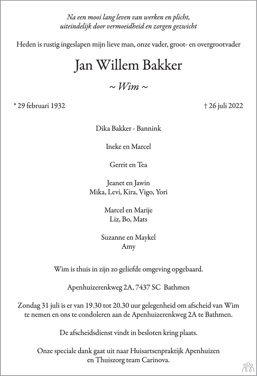 Overlijdensbericht van Jan Willem (Wim) Bakker in de Stentor