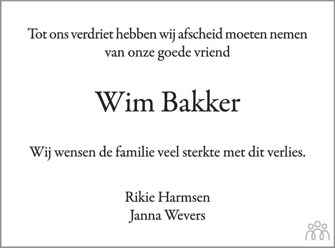 Overlijdensbericht van Jan Willem (Wim) Bakker in de Stentor