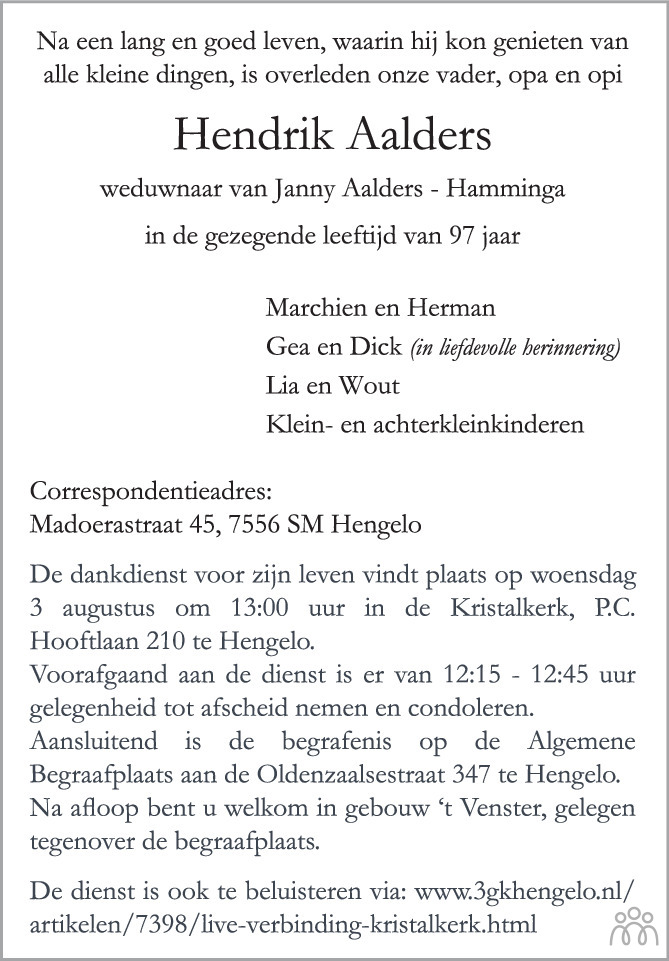 Overlijdensbericht van Hendrik Aalders in Tubantia