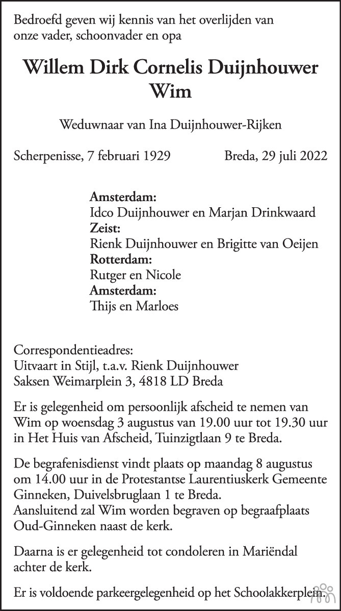 Overlijdensbericht van Willem Dirk Cornelis (Wim)  Duijnhouwer in BN DeStem