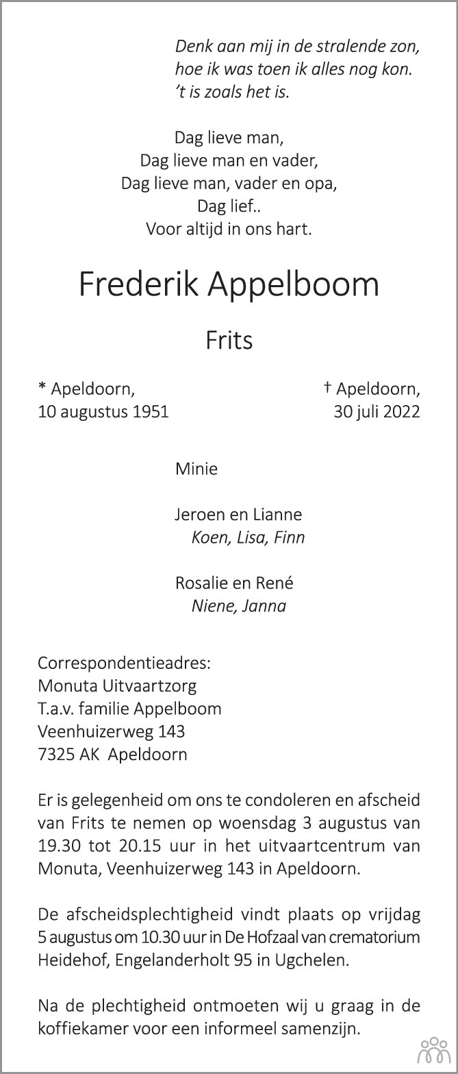 Overlijdensbericht van Frederik (Frits) Appelboom in de Stentor