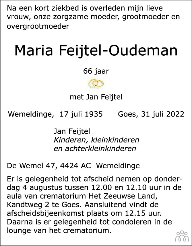Overlijdensbericht van Maria Feijtel-Oudeman in PZC Provinciale Zeeuwse Courant