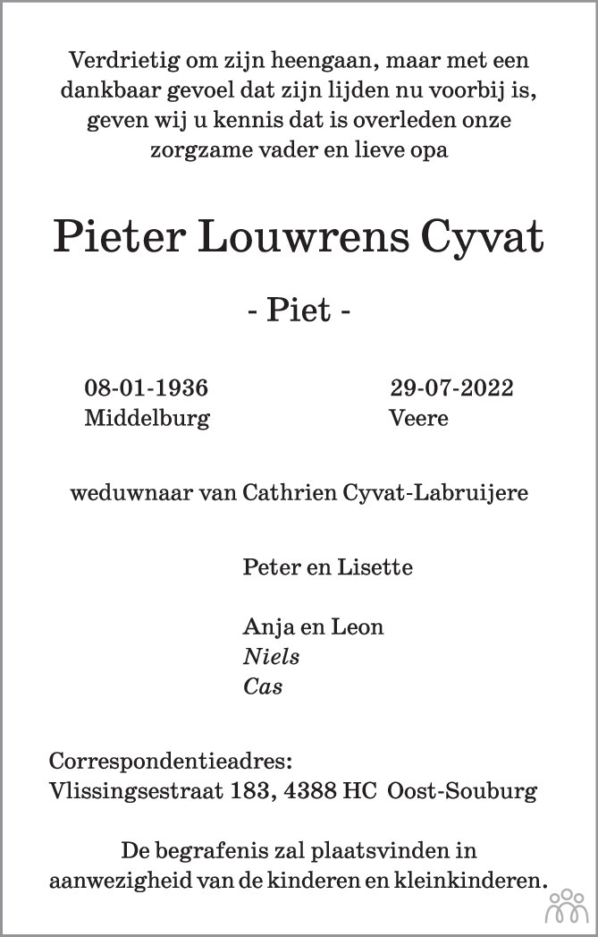 Overlijdensbericht van Pieter Louwrens (Piet) Cyvat in PZC Provinciale Zeeuwse Courant