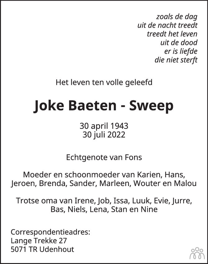 Overlijdensbericht van Joke Baeten-Sweep in Brabants Dagblad