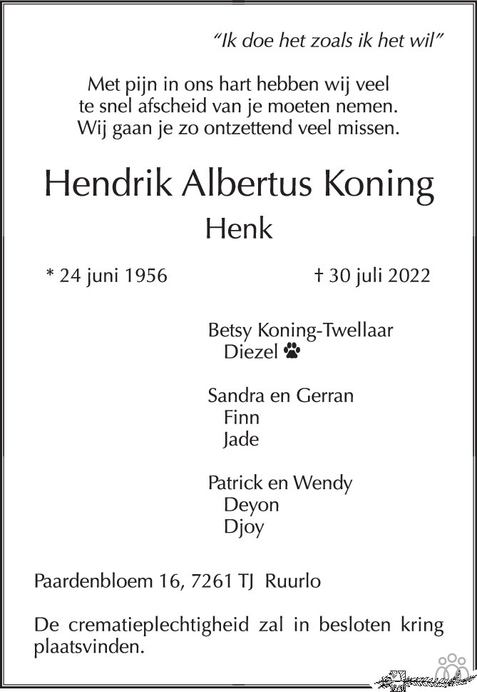 Overlijdensbericht van Hendrik Albertus (Henk) Koning in de Stentor