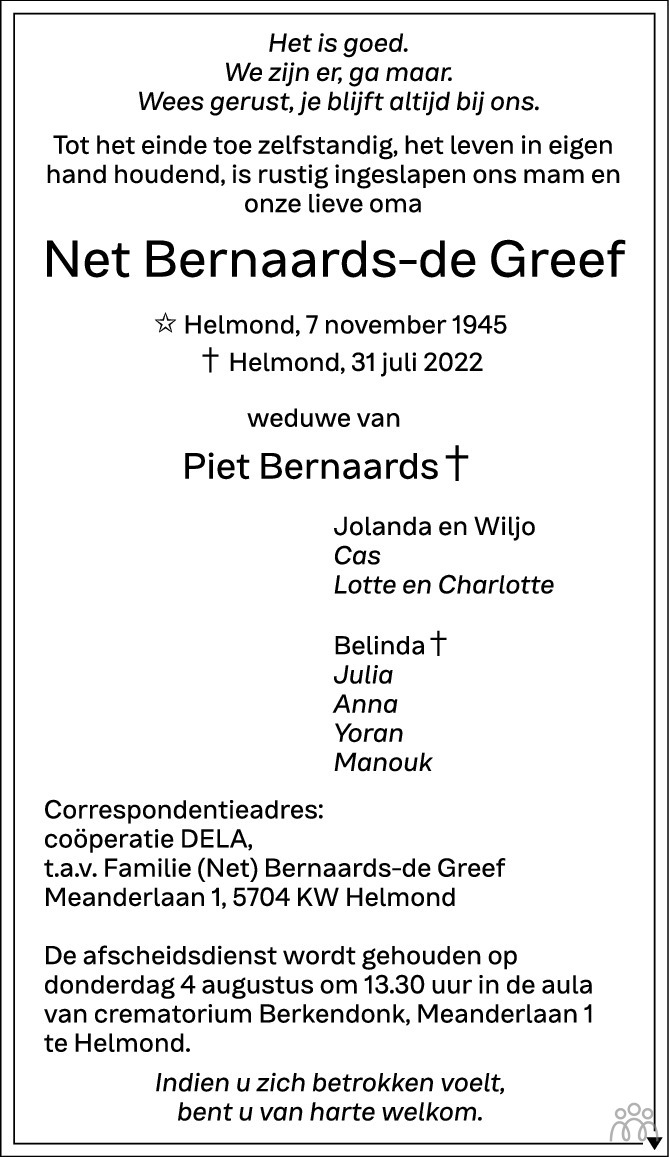 Overlijdensbericht van Net  Bernaards-de Greef in Eindhovens Dagblad
