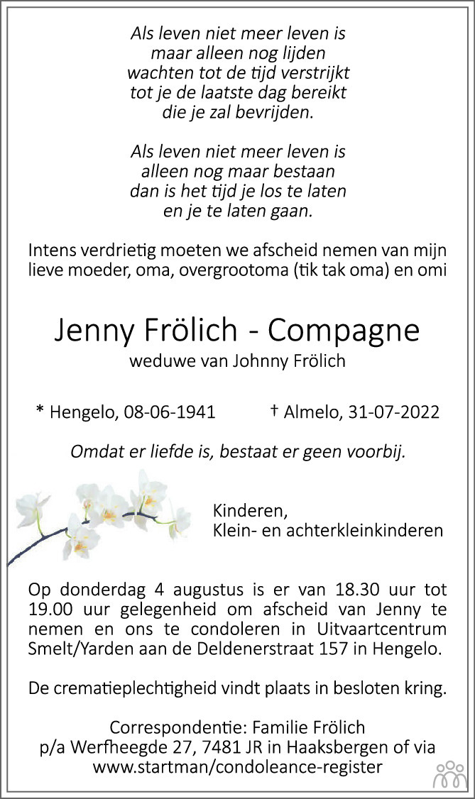 Overlijdensbericht van Jenny Frölich-Compagne in Tubantia