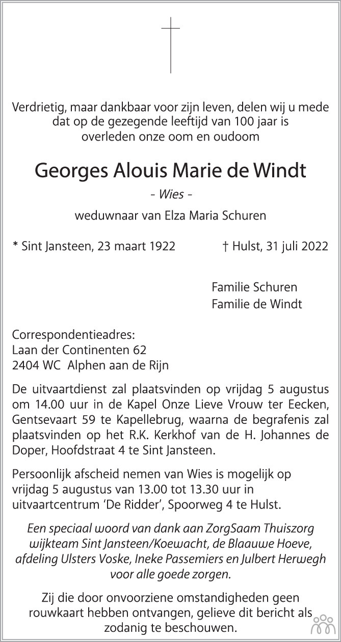 Overlijdensbericht van Georges Alouis Marie (Wies) de Windt in PZC Provinciale Zeeuwse Courant